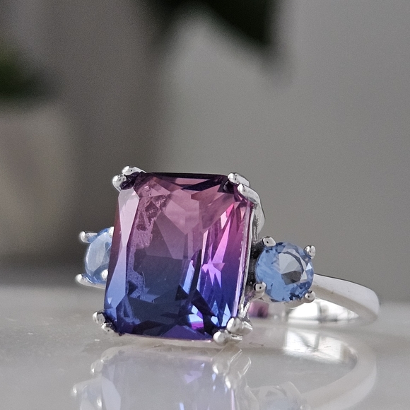 Pink & Purple Emerald Cut Gemstone Ring, 925 Sterling Silver Charmed Aroma - Picture 6 of 7